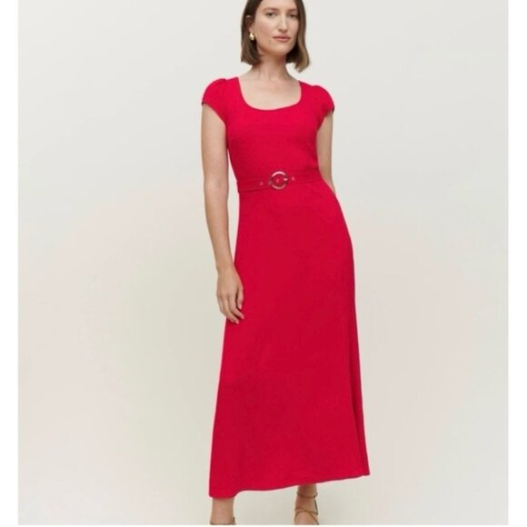 Reformation Laina Midi Dress Cap Sleeve waist Belt Lipstick Red Womens XS NEW - Picture 2 of 11